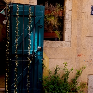 Volet bleu d'une porte et fenêtre avec plantes sur un mur de pierres jaunes - France  - collection de photos clin d'oeil, catégorie rues